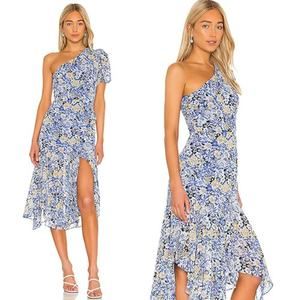 NWT ASTR Santorini One Shoulder Puff Sleeve Blue Peach Floral‎ Midi Dress Sz: XS